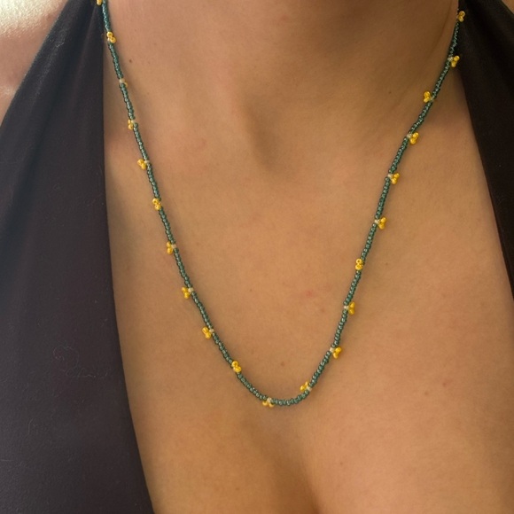 Jewelry - Handmade Delicate Green Beaded Necklace with Gold Accent
